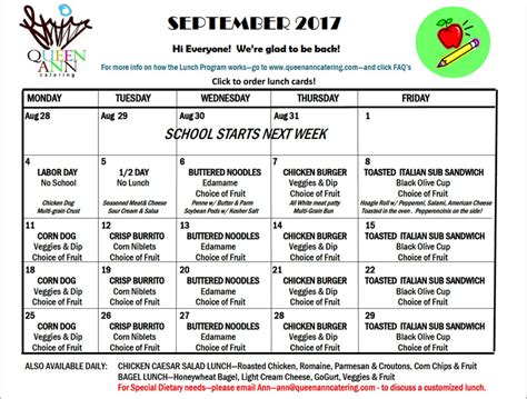 New School Lunch Menu for September! – St. Anne School