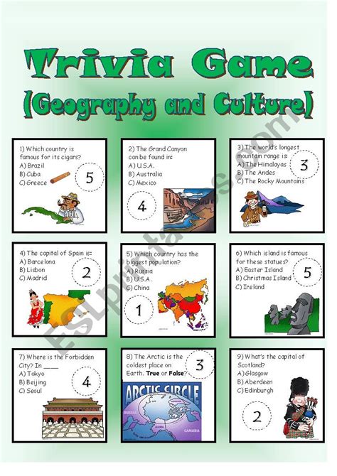 Trivia Game (Geography and Culture) - ESL worksheet by Beelzebart