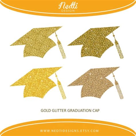 4 Glitter Gold Graduation Cap Golden Glitter Hat Clip Art