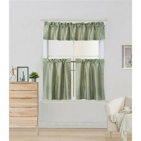 Luxury 3 piece Kitchen Curtain Sage green Color K4 Includes 1 Valance and 2 Tiers with Rod ...