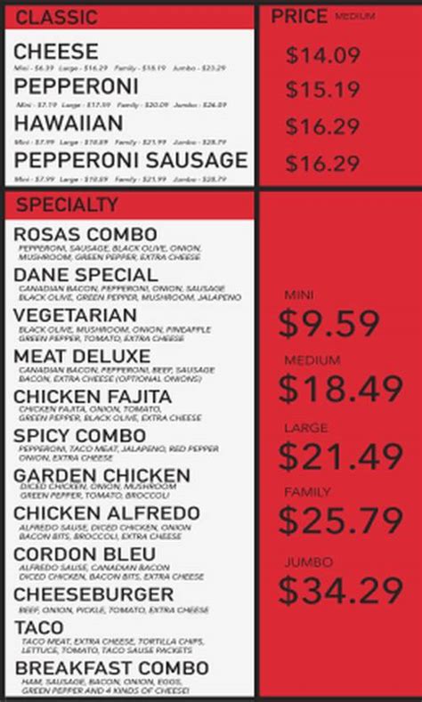 Rosa's Pizza Menu, Cheney, WA