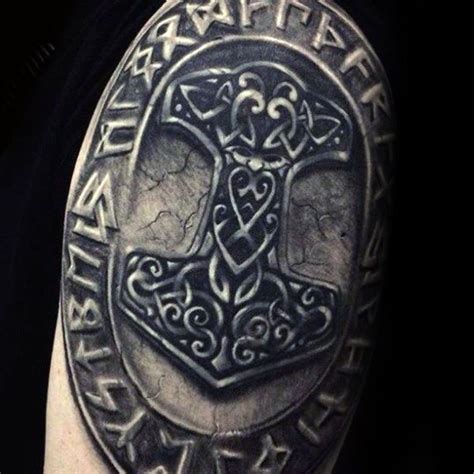 Guys Norse Stone Mjolnir Arm Tattoo Designs Thors Hammer Tattoo, Mjolnir Tattoo, Thor Tattoo ...