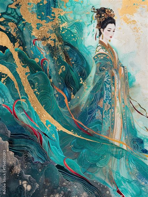 ancient Chinese goddess in traditional dress with abstract floral ...