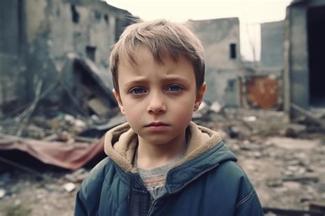 Premium AI Image | Portrait of a young orphan boy alone and sad amidst the devastation of war ...