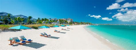 beach chairs and umbrellas line the shore of a white sand beach with clear blue water