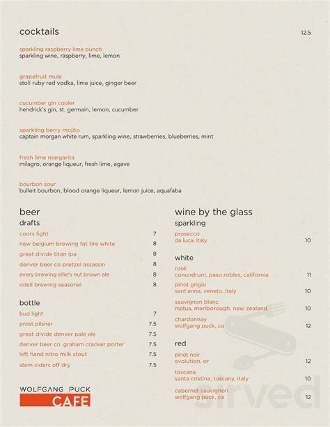 Wolfgang Puck menu in Lake Buena Vista, Florida, USA