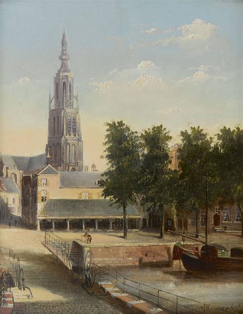 J. Beyens | Paintings for Sale | A view of the Hoge bridge, fish market and the Grote Kerk in Breda