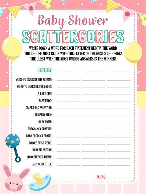 Baby Shower Scattergories - 10 Free PDF Printables | Printablee