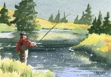 FLY FISHING Watercolor Signed Fine Art Print by Artist DJ