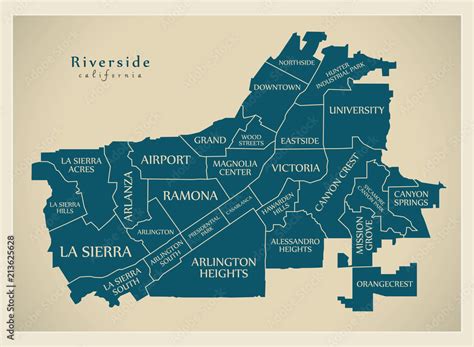 Modern City Map - Riverside California city of the USA with neighborhoods and titles Stock ...