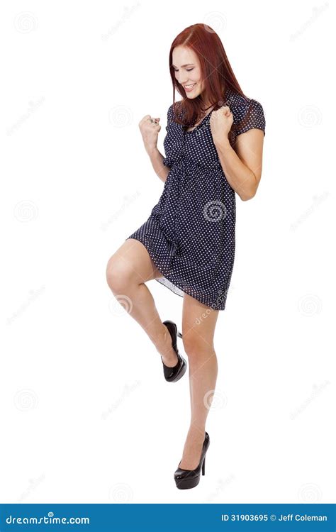 Pretty Woman with Red Hair Does a Victory Pose. Stock Image - Image of ...