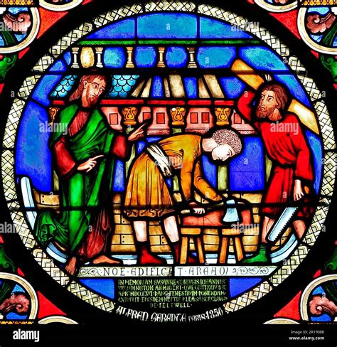 Noah and The Ark, building the Ark, stained glass window, by Alfred ...