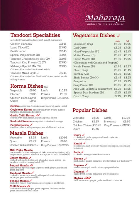 Menu 2024 - Maharaja Indian Restaurant in Stirling | TheFork