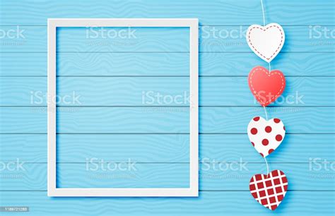 Valentines Day Banner With Hanging Cute Heart Shape And Frame On Blue ...