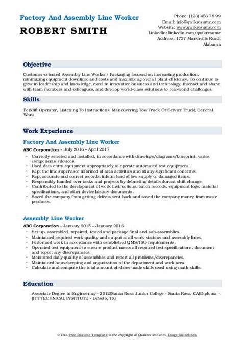 Assembly Line Worker Resume Samples | QwikResume