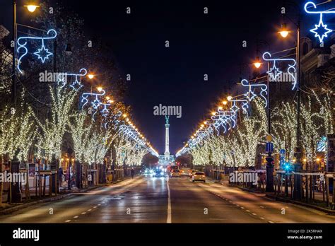 Budapest, Hungary - Christmas lights on Andrassy street with Heroes ...