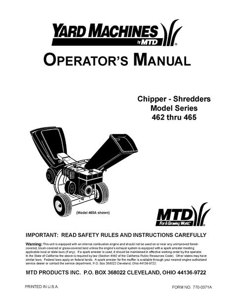 Operator Instruction Manual Fits MTD Wood Chipper 462