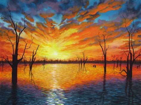 a painting of trees in the water at sunset