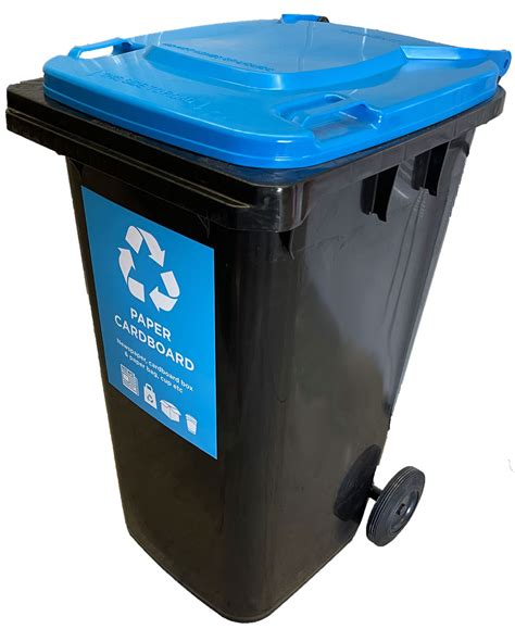 240 Litre Wheelie Bin in Black with Blue Lid with Paper Cardboard Recycle Waste Sticker ...