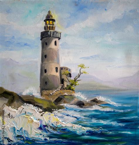 Lighthouse by the sea. Oil painting with brush strokes. Stock Illustration | Adobe Stock