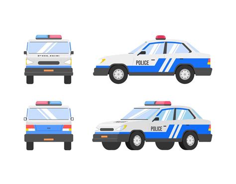 police car four angle set. Car side, back and front view. Vector flat ...