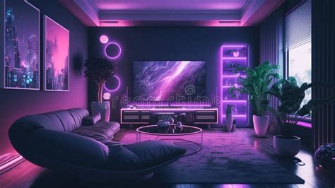 Modern Living Room Interior with Sofa and Television with Neon Lights, Futuristic Decor ...