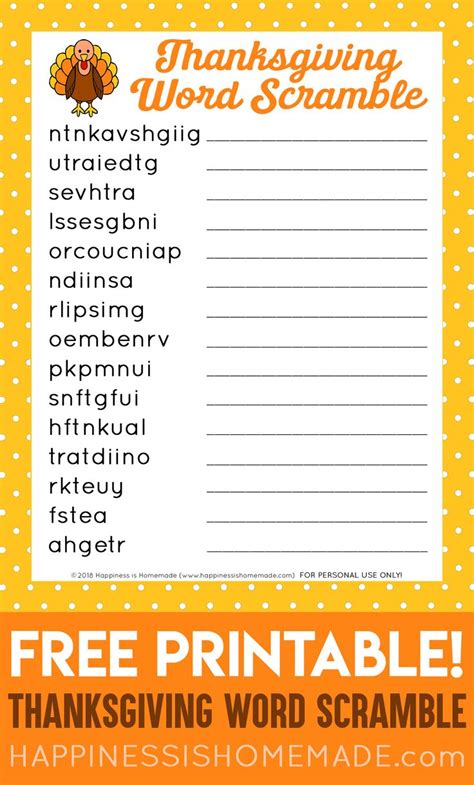 This FREE printable Thanksgiving Word Scramble puzzle is a ton of fun! It’s the perfect ...