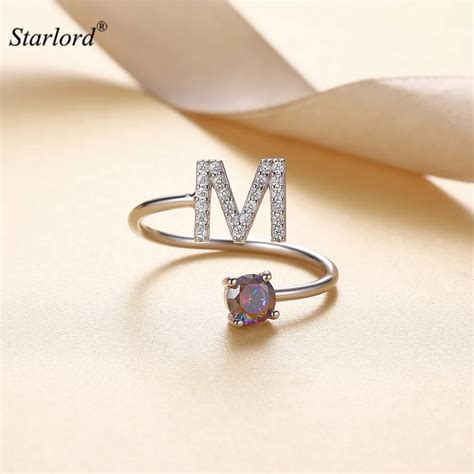 Initial M Letter Ring 925 Sterling Silver Cubic Zirconia Crystal Ring Adjustable Silver Ring ...