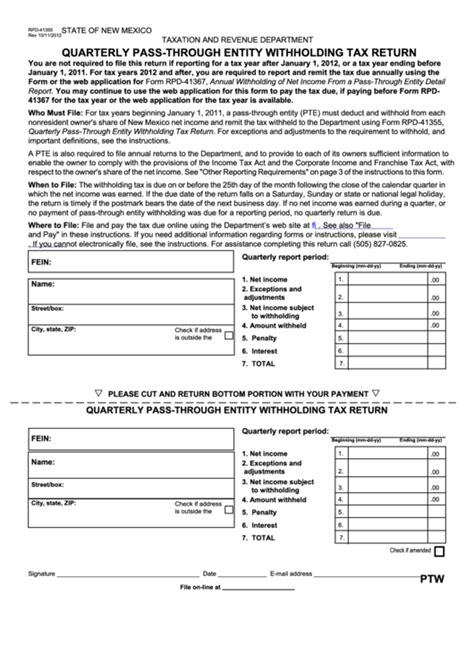 Rpd-41355 - Quarterly Pass-Through Entity Withholding Tax Return Form - New Mexico Taxation And ...