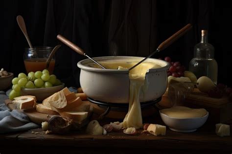 Premium AI Image | Photo of a cheese fondue pot with various types of cheese