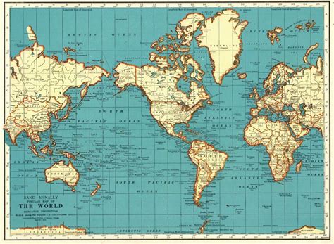 1940 Antique WORLD Map of the World Blue Gallery Wall Art Anniversary Gift 6422 | Antique world ...