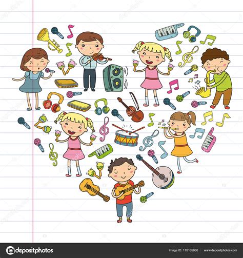 Music school for kids Vector illustration Children singing songs, playing musical instruments ...