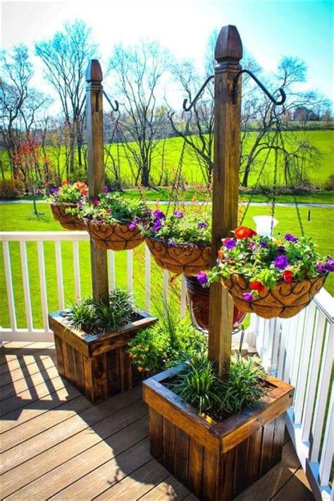 Pallet Planter Stands with Hanging Planter Baskets – 30 DIY Pallet Ideas for Your Home | Porch ...