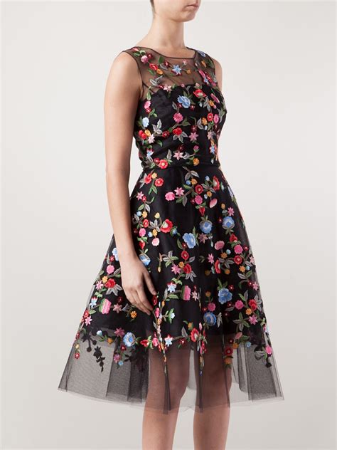 Lyst - Oscar De La Renta Floral Embroidered Tulle Dress in Black