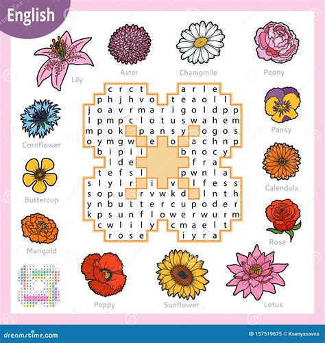 Word Search Puzzle. Cartoon Set Of Flowers. Education Game For Children ...