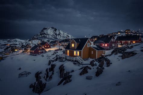 Greenland, Night, House, Landscape, Lights, Town, Snow, Overcast, Mountain, Dark Wallpapers HD ...