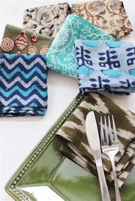 Cotton dinner napkins. Add a splash of color to your dinner table. Batiks, block prints, Ikat ...