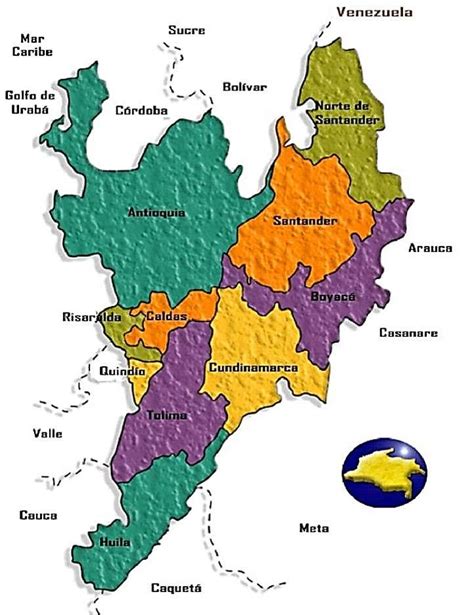 a map of the country of colombia with all its major cities and their respective regions