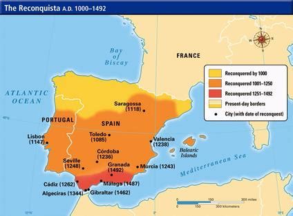 Map shows the dates of reconquests of major Spanish cities (1492)