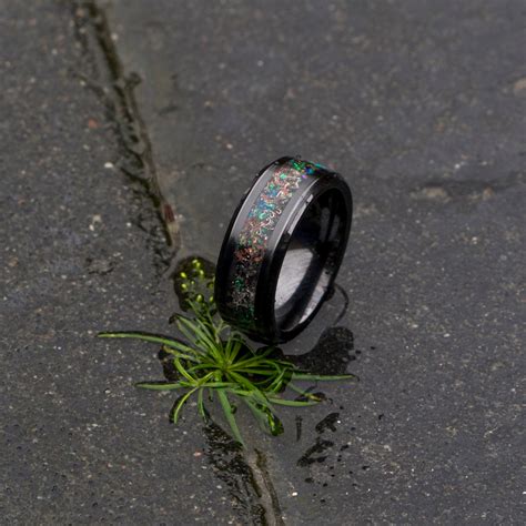 Meteorite ring Black ceramic ring, Black ring, black engagement ring, wedding gift, , opal ...