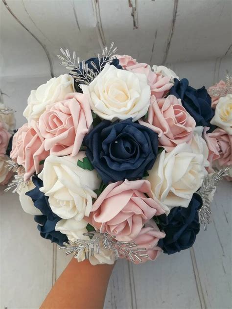 Vintage rustic style wedding bouquet package, navy blue, blush and ...