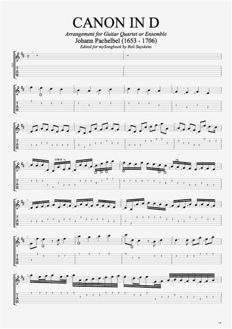 Canon in D by Johann Pachelbel - Guitar Quartet Guitar Pro Tab ...