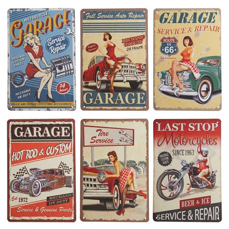 Vintage Metal Signs for Garage, Retro Wall Decor (8 x 11.8 in, 6 Pack ...