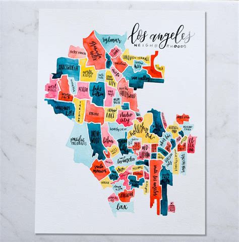 Los Angeles Neighborhood Map • California Map • Watercolor Map • Custom ...