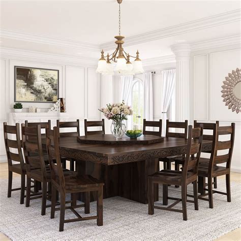 Modern Pioneer Solid Wood Lazy Susan Pedestal Dining Table Set