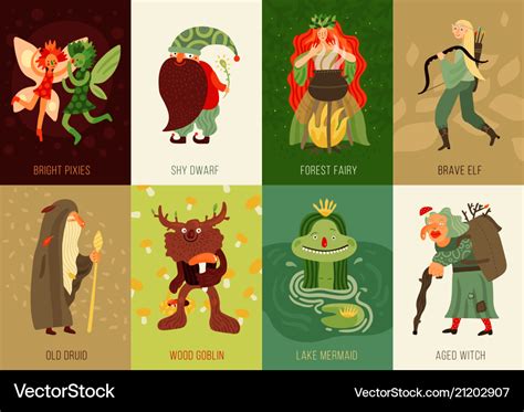 Forest fairy tale characters cards set Royalty Free Vector