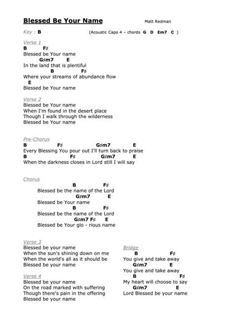 Blessed Be Your Name (B) - Matt Redman - Acoustic Guitar Chords Chart printable pdf download