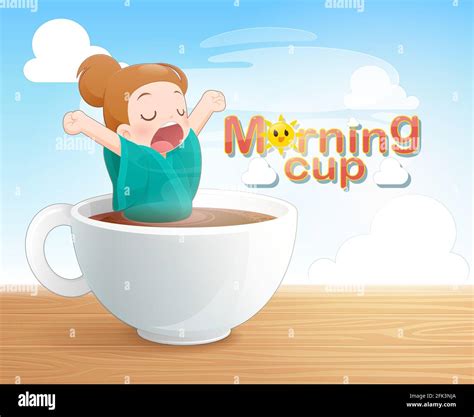 Yawning woman in a cup of black coffee, Good morning coffee cup, Concept with digital art ...