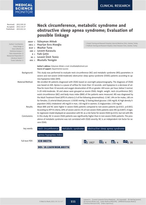 (PDF) Neck circumference, metabolic syndrome and obstructive sleep apnea syndrome; Evaluation of ...