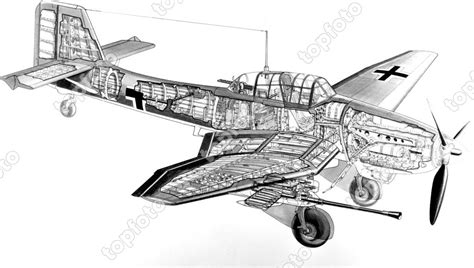 Technical drawing of Junkers Ju87 Stuka dive bomber as cutaway showing 37 mm under - wing gun ...